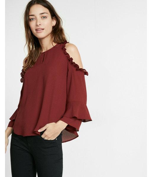 Express Womens Ruffle Cold Shoulder Blouse