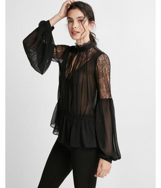 Express Womens High Neck Pieced Lace Chiffon Blouse