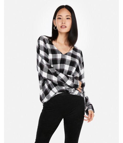 Express Womens Black Plaid Flannel Deep V-neck Top