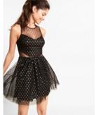 Express Womens Black And Gold Mesh Dot Fit And Flare Dress