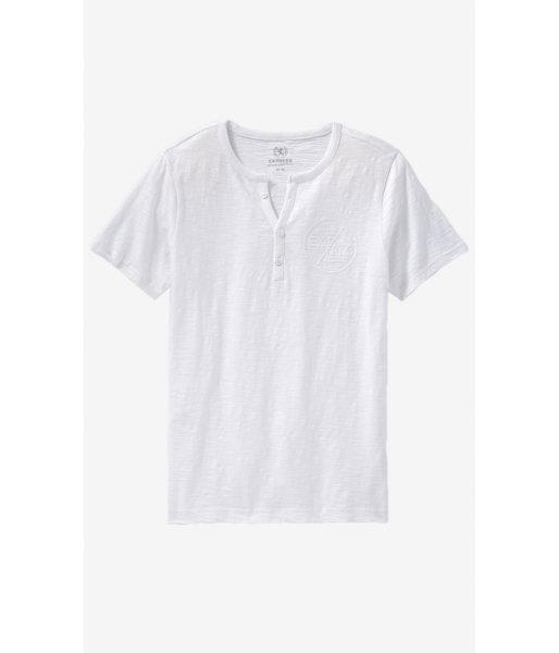 Express Men's Tees White Slub Knit Y-neck Graphic Henley T-shirt