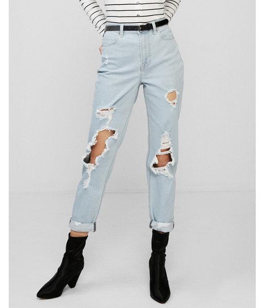Express Womens Express Womens High Waisted Distressed Rolled-hem Original Girlfriend Jeans
