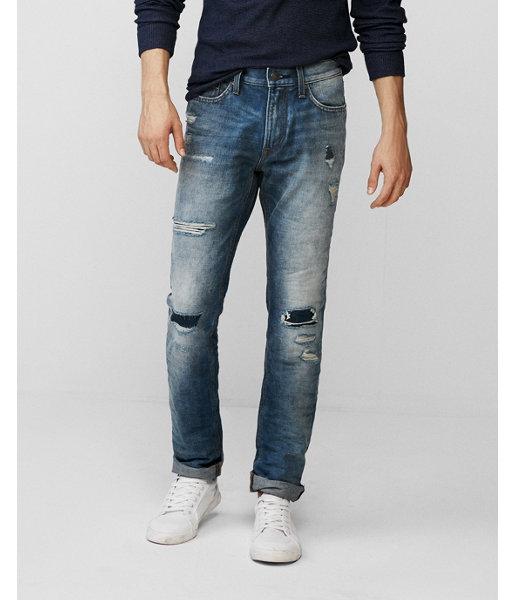 Express Mens Slim Medium Wash Destroyed 100% Cotton Jeans
