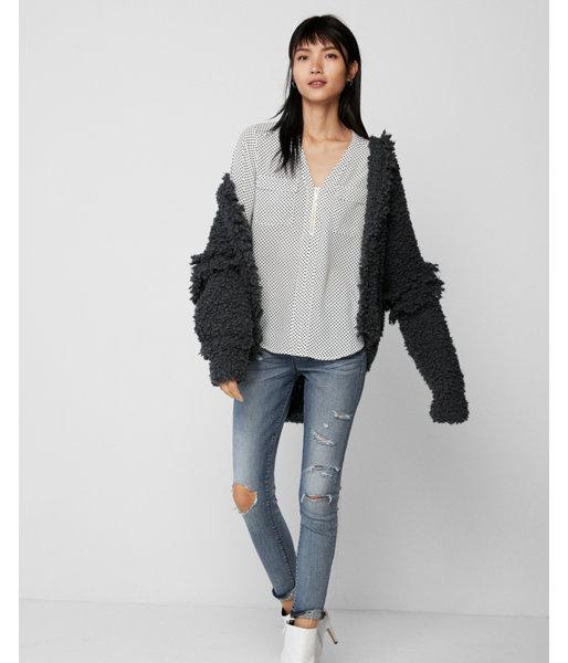 Express Womens Dot Long Sleeve Zip Front Blouse