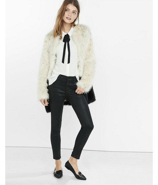 Express Womens Color Block Faux Fur Coat