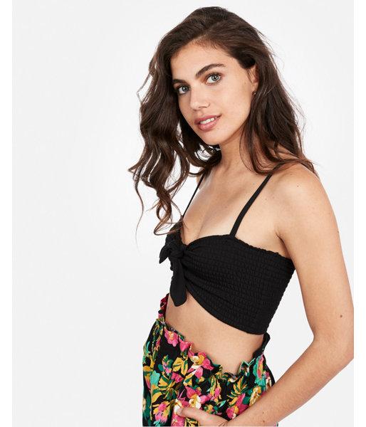 Express Womens Rocky Barnes Smocked Tie Front Cropped Top