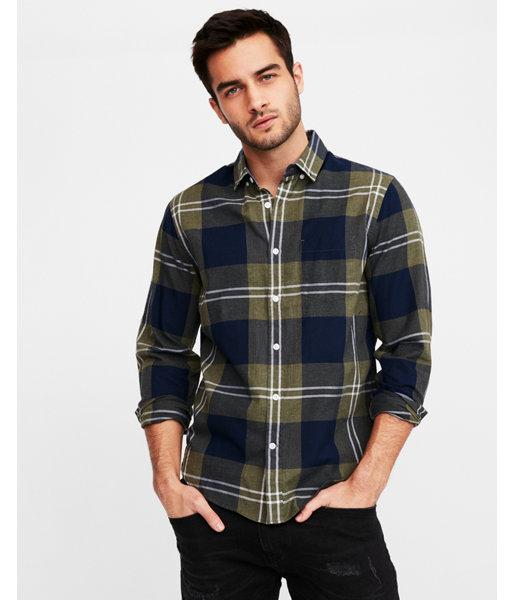 Express Mens Slim Plaid Button-down Cotton
