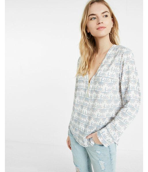 Express Womens Peacock Print Long Sleeve Zip Front Blouse