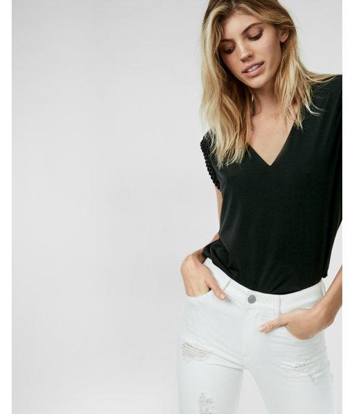 Express Womens Petite Crochet Trim Banded Hem V-neck Top