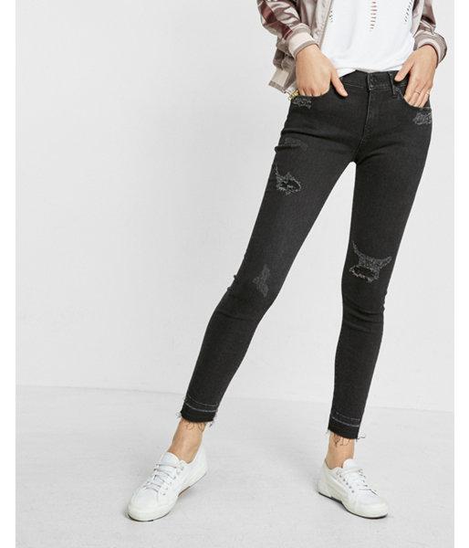 Express Womens Black Mid Rise Distressed Ankle Jean
