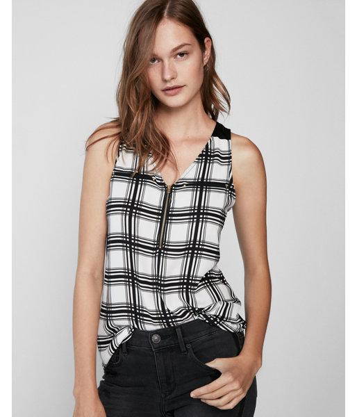 Express Womens Plaid Welt Pocket Zip Front Tank