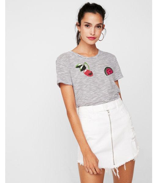 Express Womens Sequin Fruit Striped Crew Neck Tee