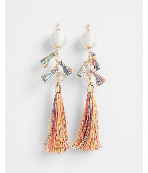 Express Womens Fabric Ball Top Multi Tassel Drop Earrings