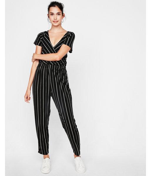Express Womens Petite Striped Flutter Sleeve Surplice Jumpsuit