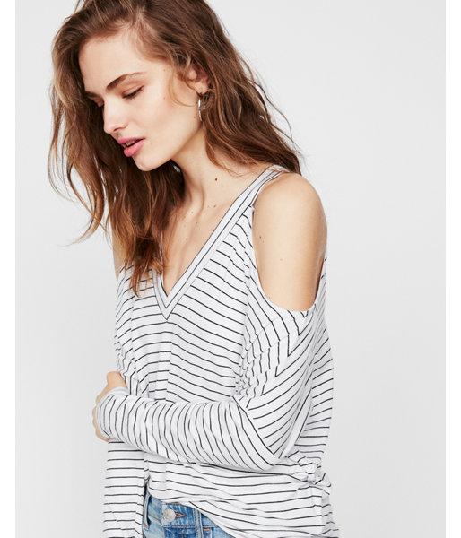 Express Womens Striped Cold Shoulder V-neck Tee