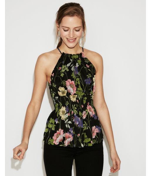 Express Womens Floral High Neck Smocked Peplum Tank