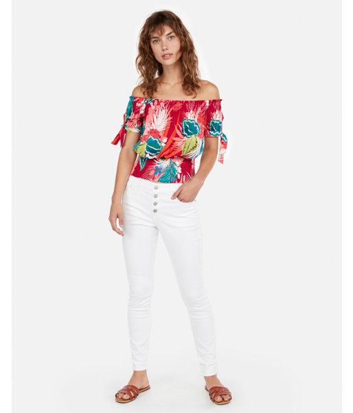 Express Womens Floral Off The Shoulder Smocked Hem Top