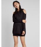 Express Cold Shoulder Drawstring Hood Sweatshirt Dress