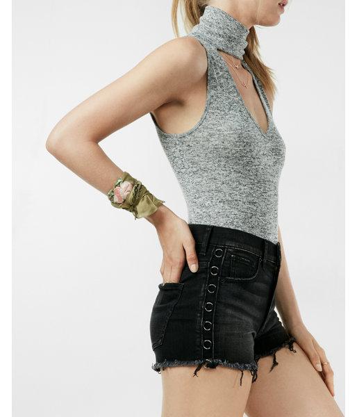 Express High Waisted Black Distressed O-ring Denim Cutoff