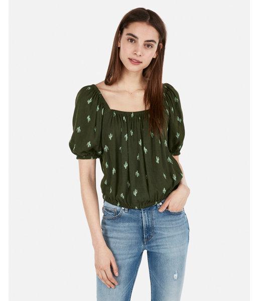 Express Womens Cactus Print Square Neck Puff Sleeve Cropped Top