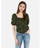 Express Womens Cactus Print Square Neck Puff Sleeve Cropped Top