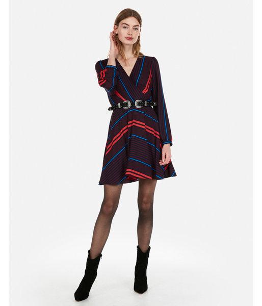 Express Womens Petite Stripe Surplice Fit And Flare Dress