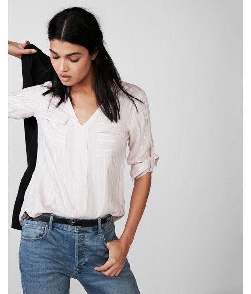 Express Womens Striped Two Pocket Popover Blouse