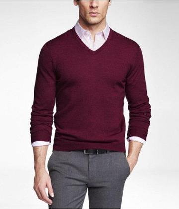 Mens Merino Wool V-neck Sweater Raspberry Small