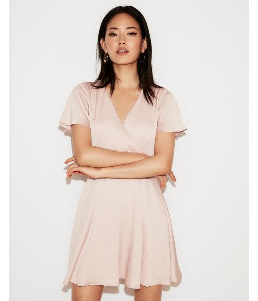 Express Womens Satin Surplice Flutter Sleeve Fit And Flare Dress