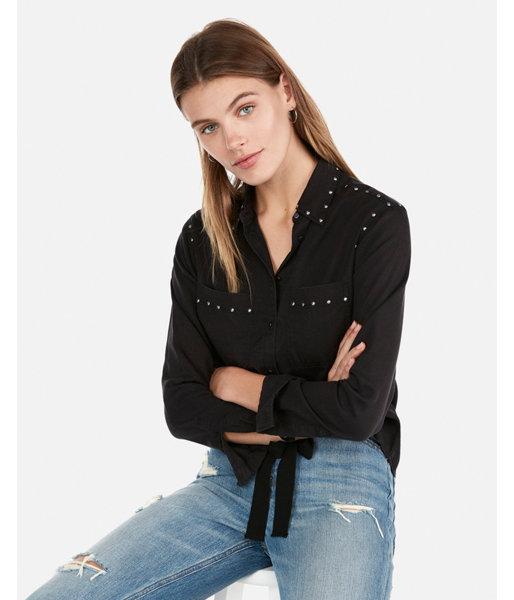 Express Womens Silky Studded Twill Button-down
