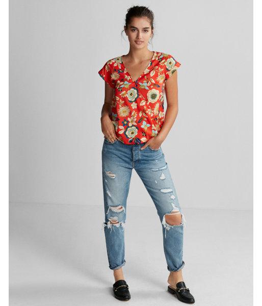 Express Floral Short Sleeve Surplice Blouse