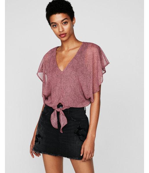 Express Womens Floral Chiffon Tie Front Top