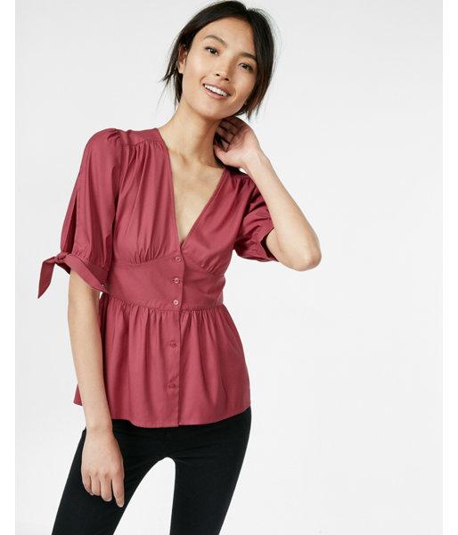 Express Womens Tie Sleeve Empire Waist Button Down Top