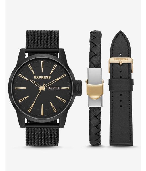 Express Mens Empire Black Mesh Leather Watch Gift