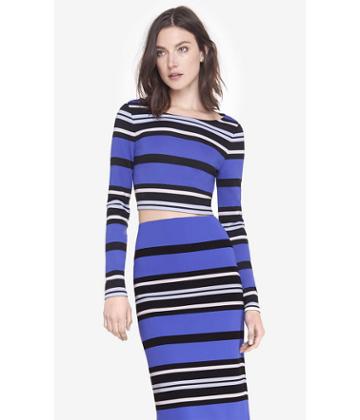 Express Express Womens Blue Stripe Long Sleeve Cropped Top