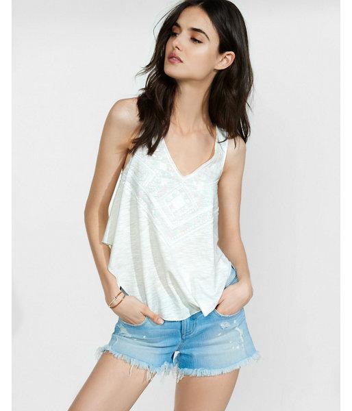Express Womens Ivory Slub Sequin Embellished Geo Pattern Tank