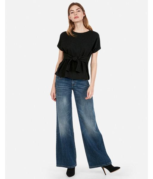 Express Womens Solid Textured Tie Waist Tee