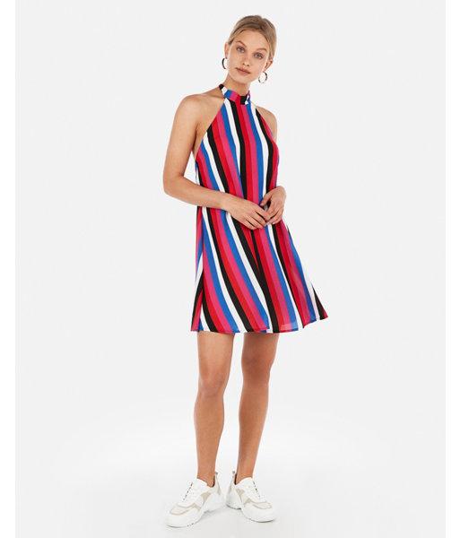 Express Womens Striped Trapeze Backless Halter Dress