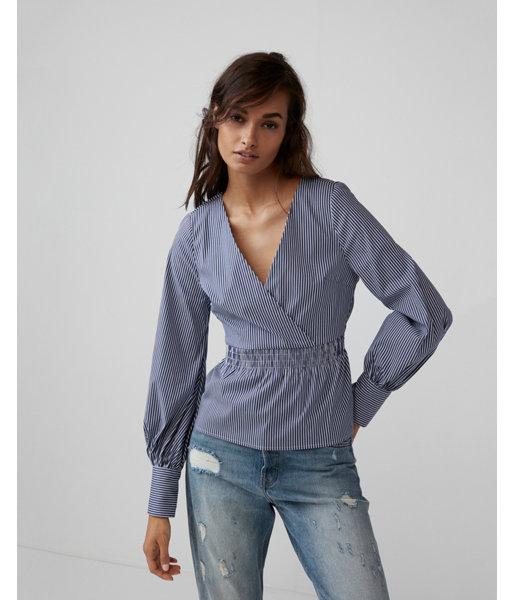 Express Womens Blue Striped Smocked Waist Surplice Blouse