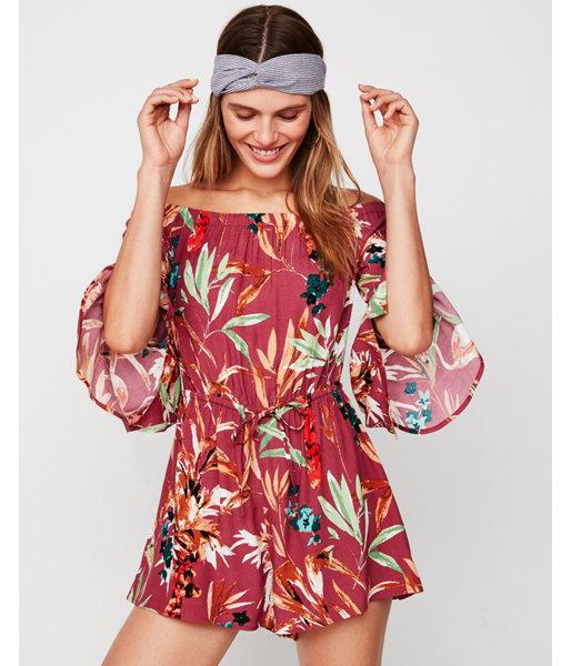 Express Womens Petite Tropical Floral Off The Shoulder Romper