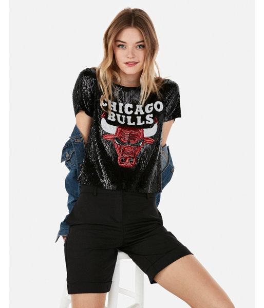 Express Womens Chicago Bulls Nba Sequin Cropped Tee