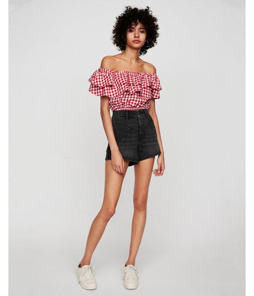 Express Womens Gingham Off The Shoulder Cropped Top
