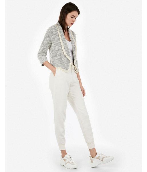 Express Womens Frayed Marled Tweed Knit Cropped Blazer