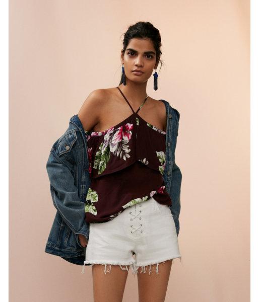 Express Womens Floral Tie Front Cold Shoulder Halter Top