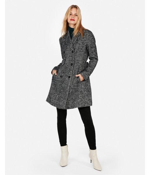 Express Womens Petite Belted Wool-blend Tweed Trench Coat