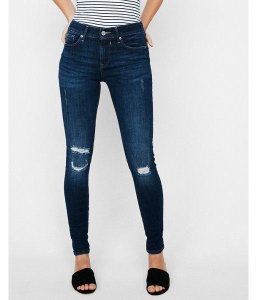 Express Womens Mid Rise Dark Wash Distressed Stretch Jean