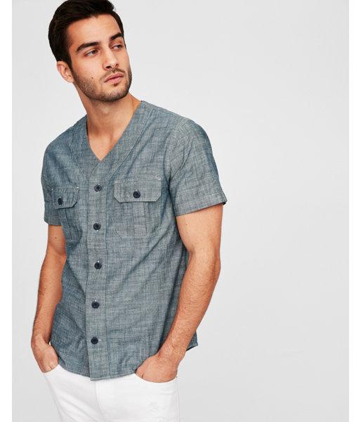 Express Mens Slim V-neck Short Sleeve Chambray