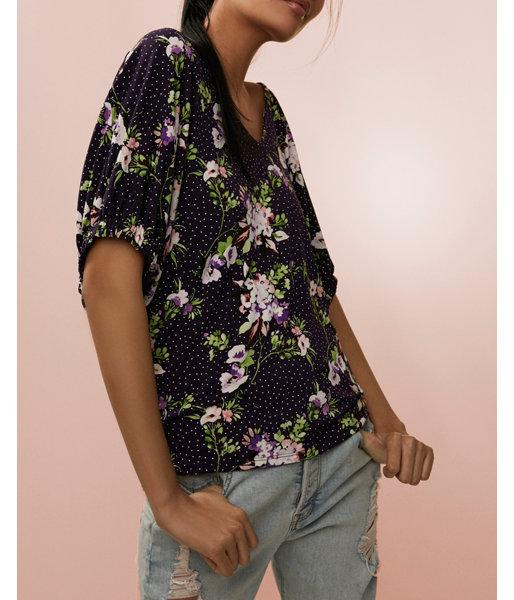 Express Womens Floral V-neck Oversized Ruched Cuff Top