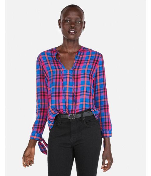 Express Womens Tie Neck Plaid Popover Top