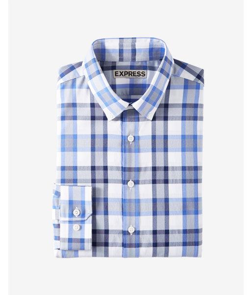 Express Mens Express Mens Slim Plaid Button Collar Wrinkle-resistant Performance Dress